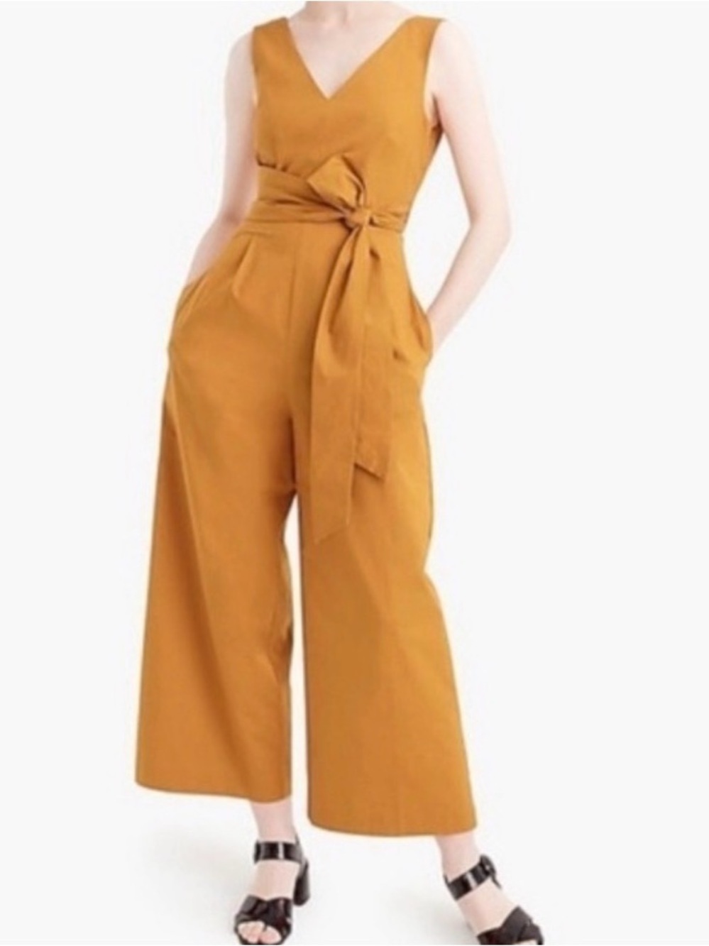 J. Crew Mustard V-Neck Wide-Leg Tie-Waist Jumpsuit